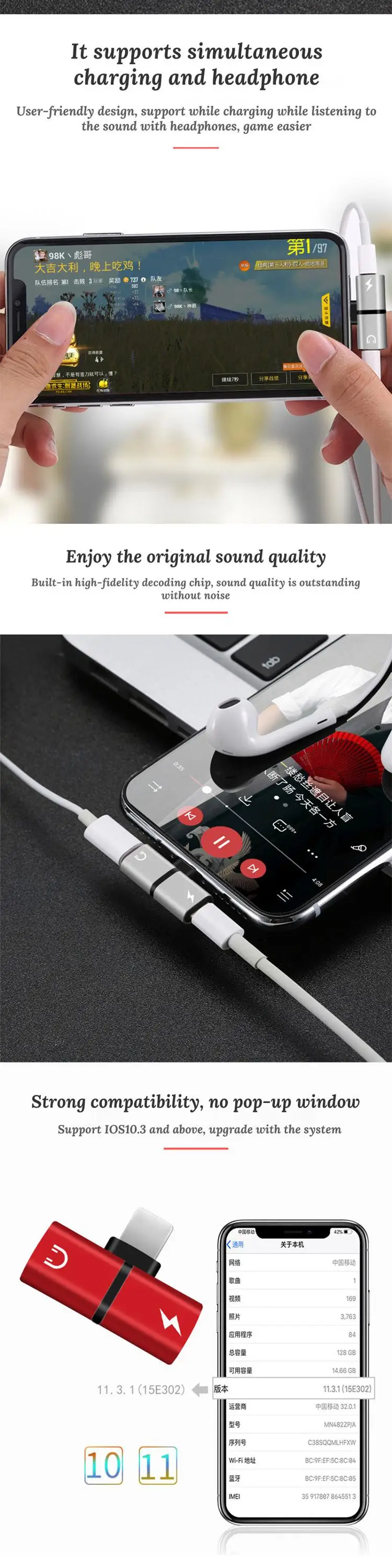 Mobile phone 2 in 1 Splitter For X XS MAX 8 7 Audio Charging Adapter For 8-PIN Headphone Splitter Adapter Converter