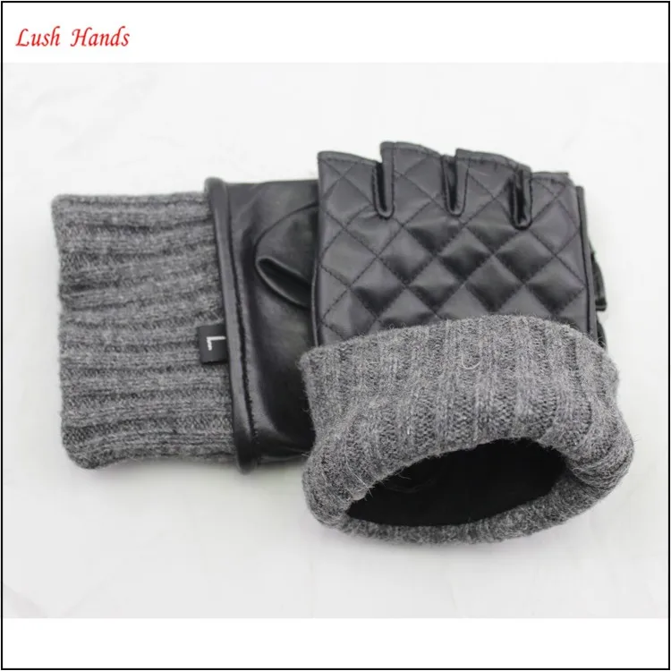 ladies winter fingerless leather gloves with grey knitting cuff