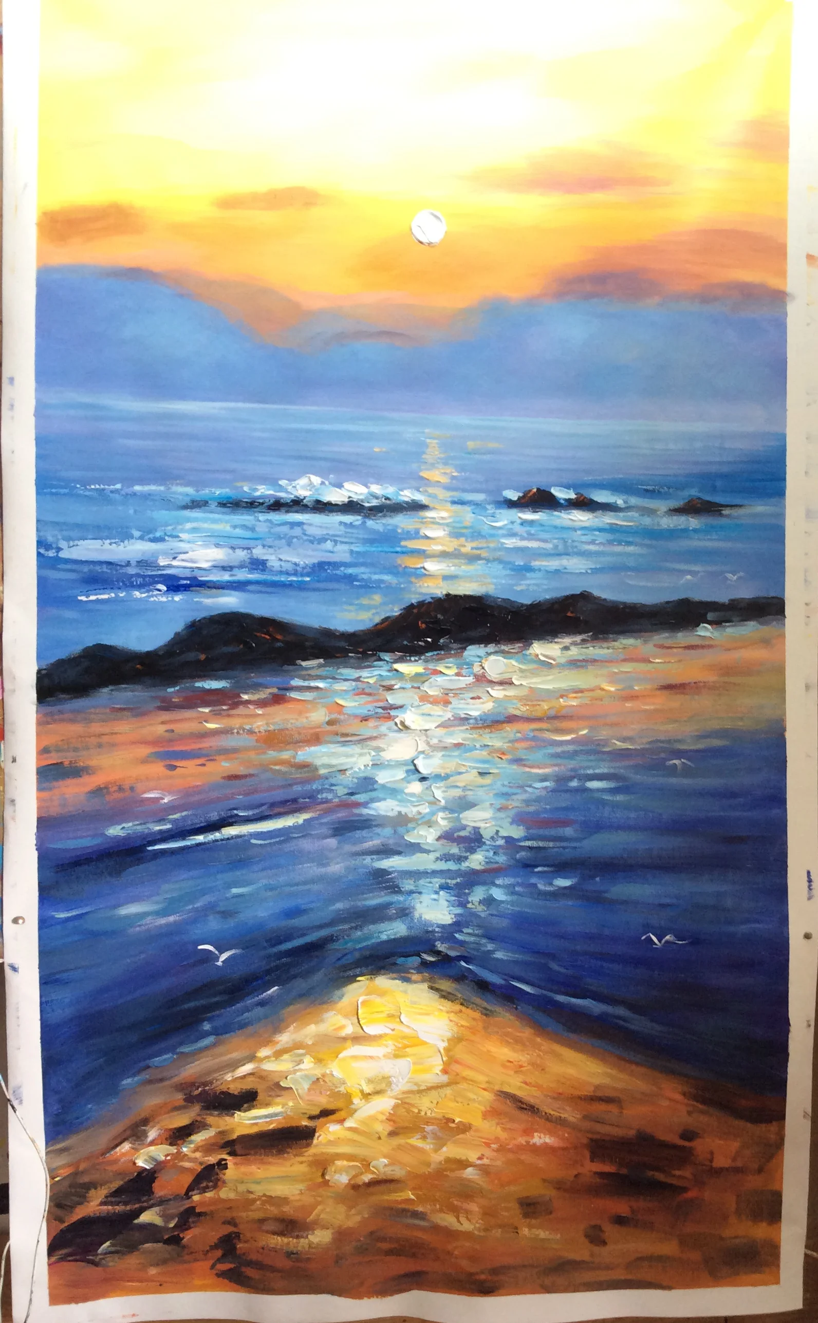 Keindahan Pemandangan Laut Minyak Lukisan Pisau Lukisan Sunset
