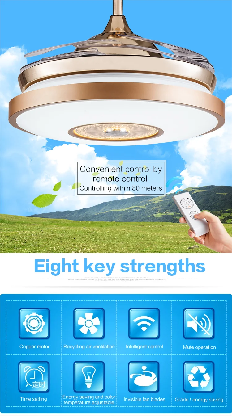 Decorative Invisible Ceiling Fan Light with Hidden Blades Remote Control for Living Room