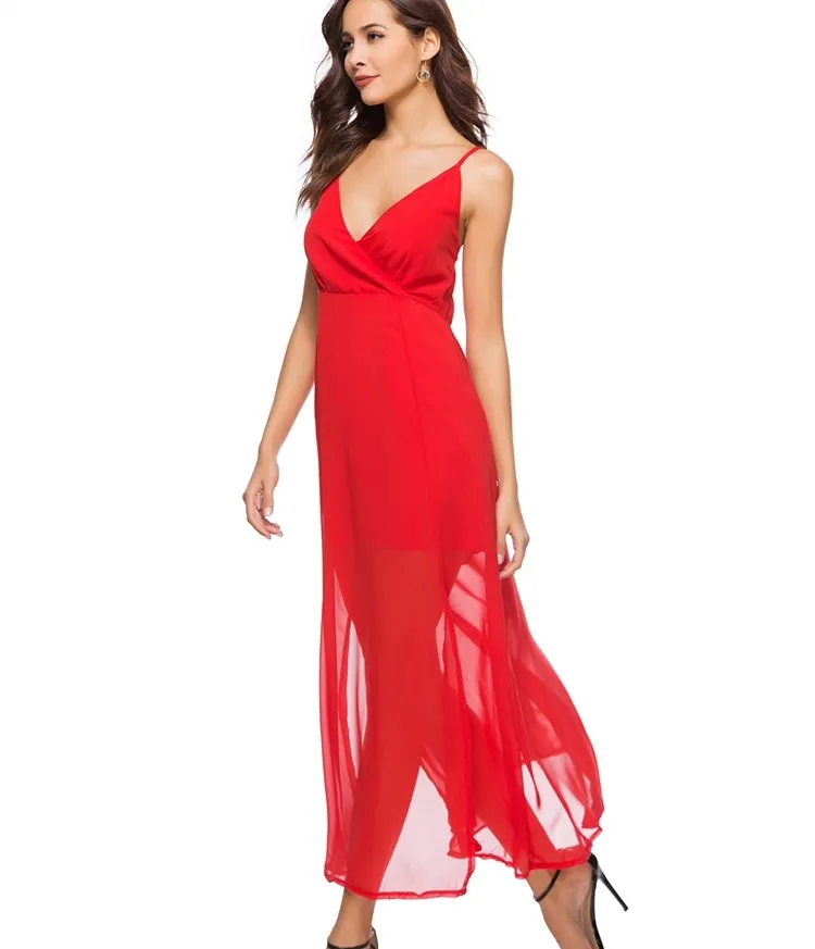 A3841 Fashion Spaghetti Strap Red Solid Chiffon Long Evening Dress ...