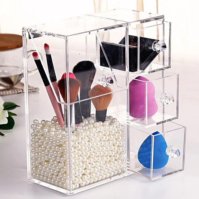 100 Pure Acrylic Cosmetic Brush Box With 3 Drawers Including Pearls