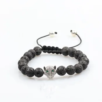 Fashion Gold Plated Animal Leopard Head Lava Beads Braided Macrame Animal Leopard Head Lava Beads
