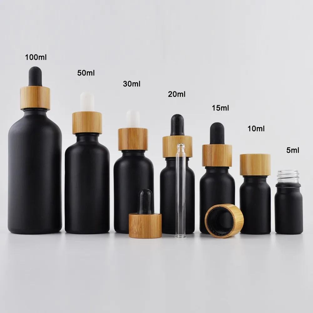 5ml 10ml 20ml 30ml 50ml Matte Frosted Black Glass Dropper Essential Oil Bottles With Paper