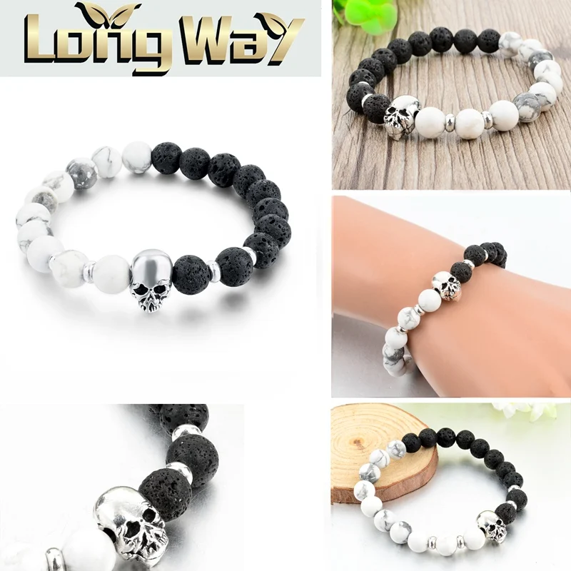 Antiguo Plata Cráneo Y Piedra De Lava Pulsera de abalorios