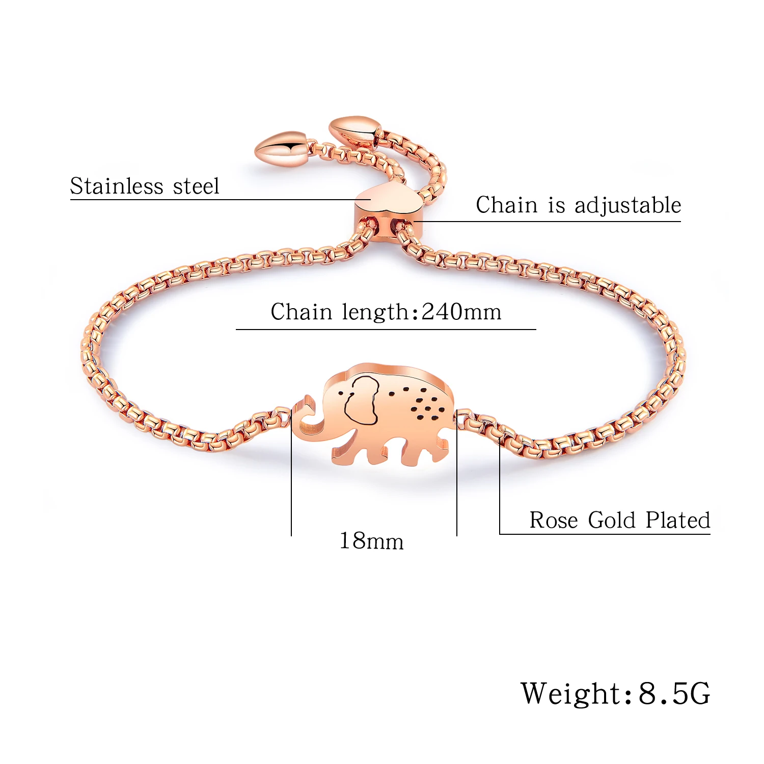 MICCI new arrivals slider jewelry designs stainless steel rose gold plated elephant bracelet