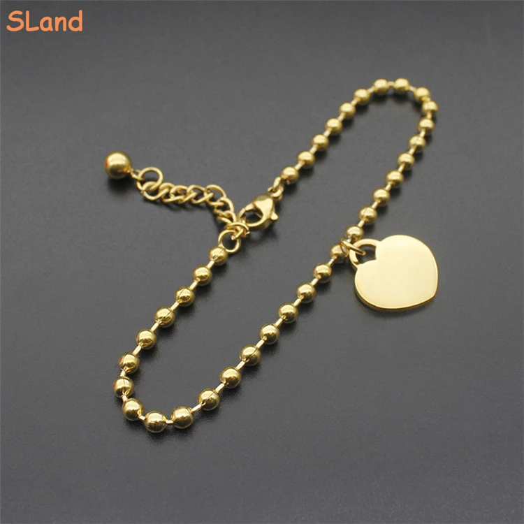 SLand Jewelry Manufacturer wholesale Engravable Gold plated Stainless Steel Heart Charm Bead Link Bracelet for Women/Girls