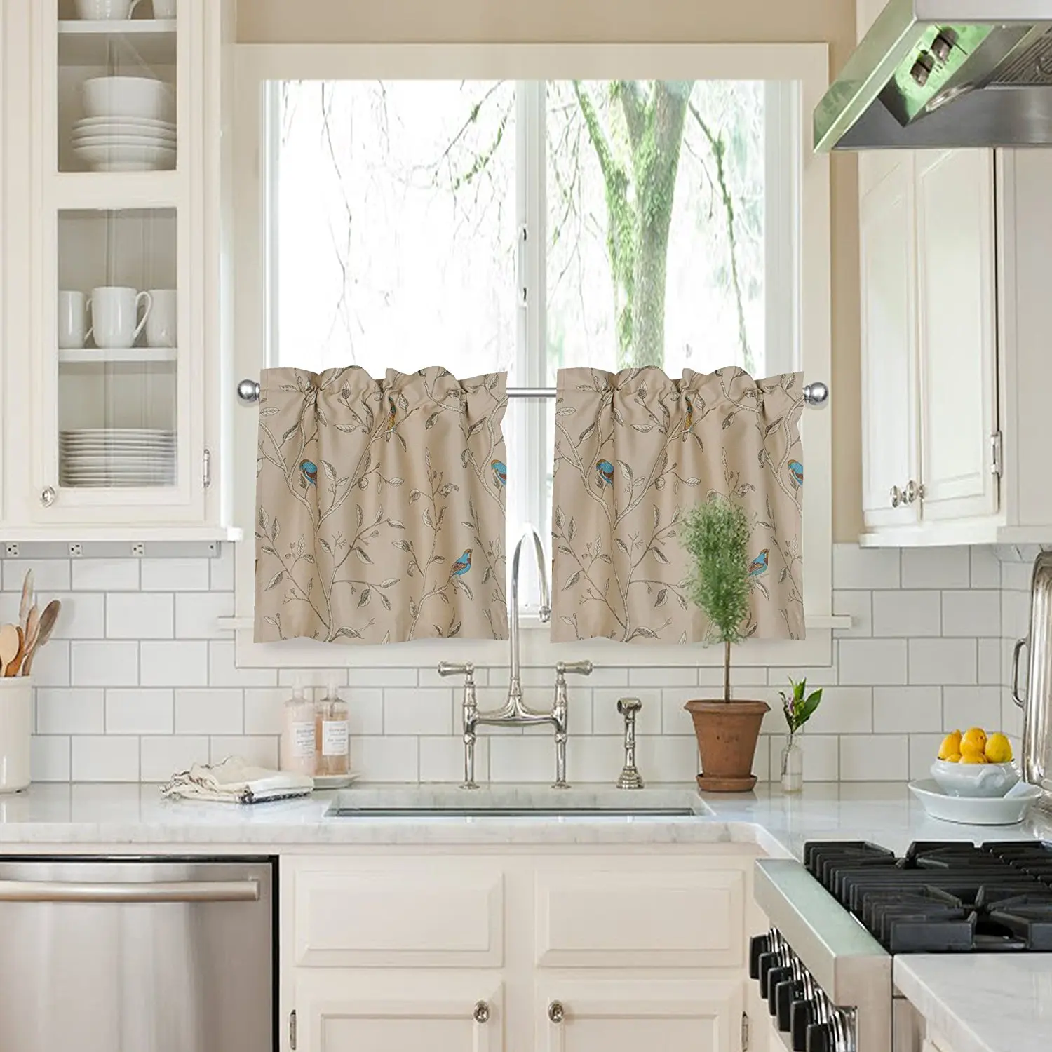 Flamingo P 2 Piece Kitchen Curtain Set : 2 Tiers (W29XH36) , Rod Pocket , Gray Birds