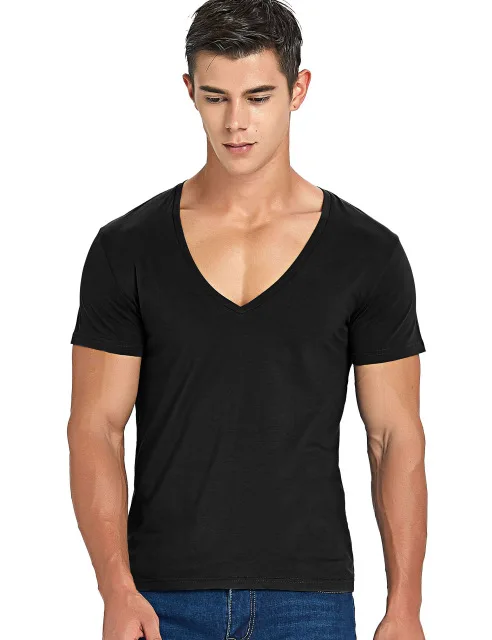 Male Cotton Slim Fitness Low Cut Tops Scoop Neck T Shirt For Men Summer ...
