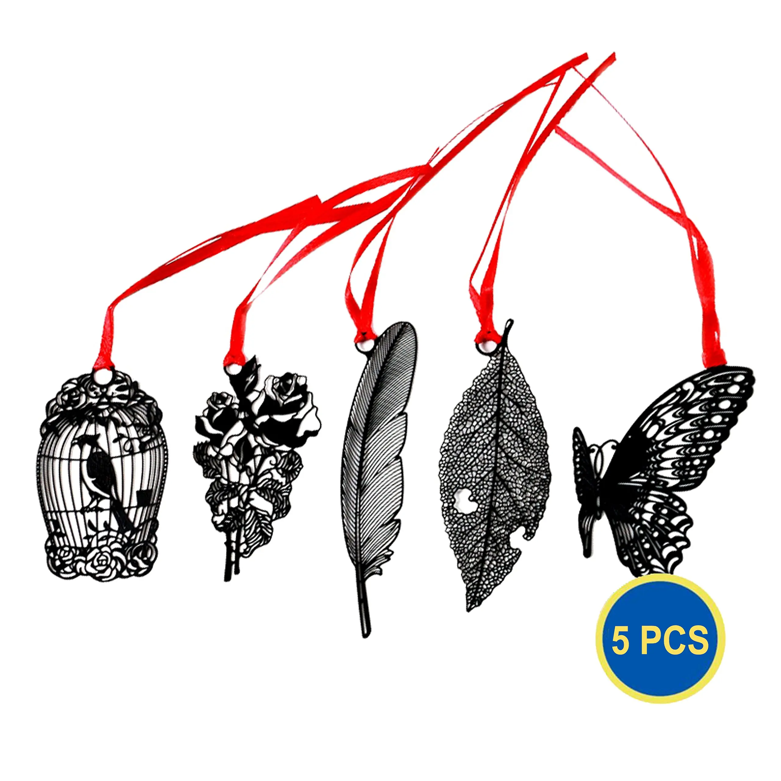 Gadget.Cool Creative Metal Bookmarks - Wholesale Pack of 5, Bundle Value Set, Stainless Steel Material, Stylish and Unique, Ribbon Red Tassel, Awesome Gift(Stainless Steel)