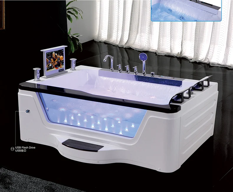 Glass Double Jet Whirlpool Bathtub With Led Light Tv Massage Bathtub 2