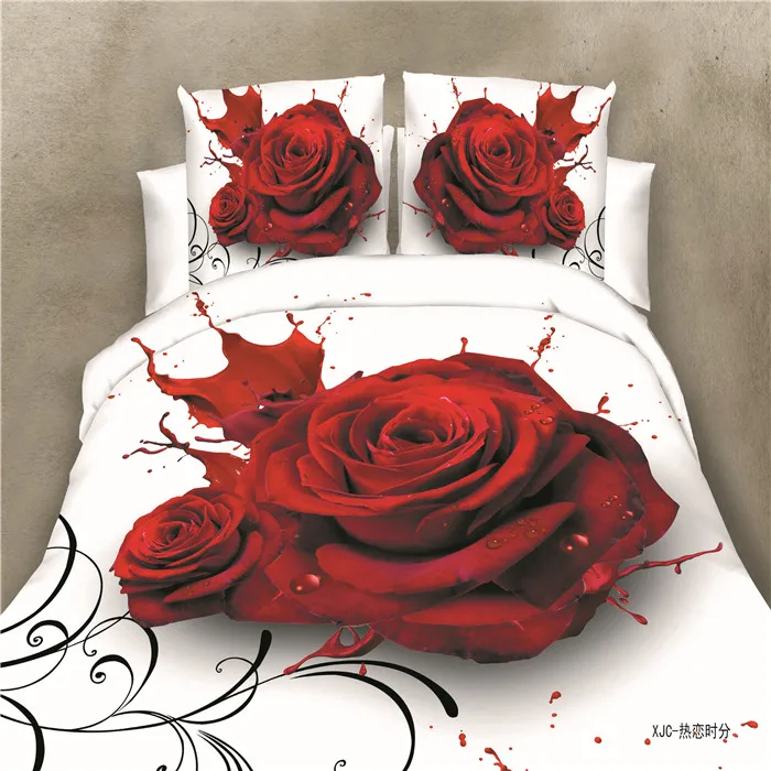 4pcs Comforters Sets 3d Red Rose Print Floral Sheet Duvet Cover