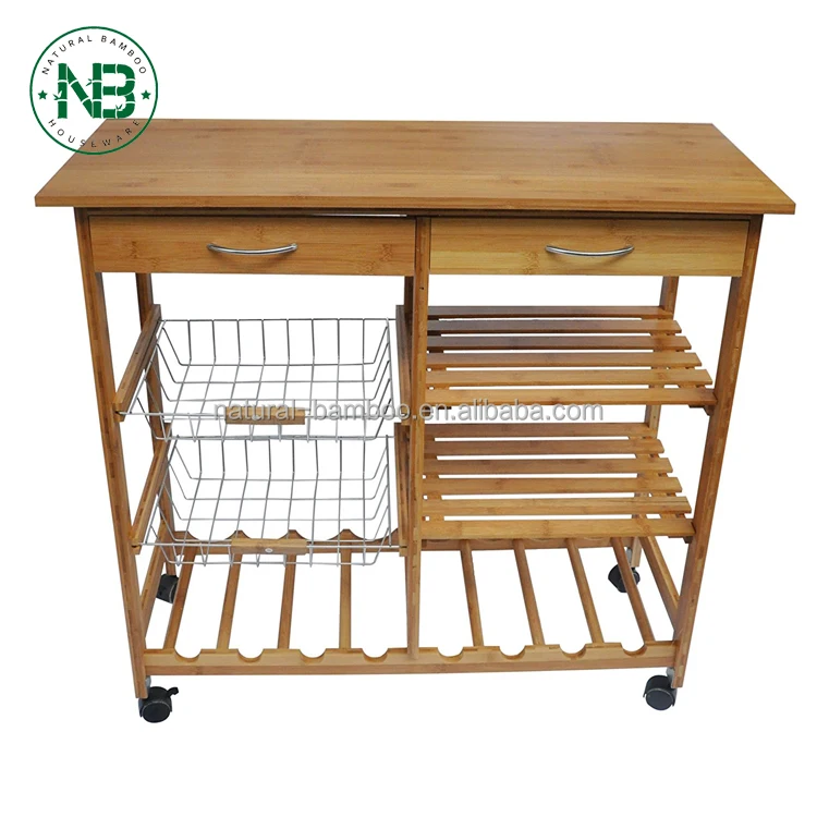 Bamboo Wood Kitchen Cart With Baskets Shelves And 8 Slot Wine