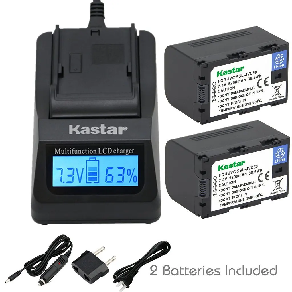 for JVC SSL-JVC50 and JVC GY-HMQ10 GY-LS300 GY-HM600EC Kastar LCD Dual Smart Fast Charger /& Battery GY-HM600E GY-HM600 1 Pack GY-HM650 Camcorders GY-HM200