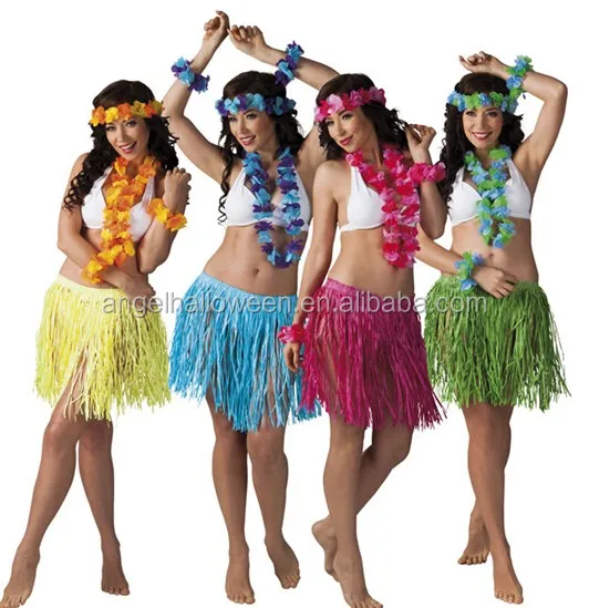 5 PCS Set Flower Adult Costume Hawaiian Lei Grass Skirt Garland Straw Hula Set