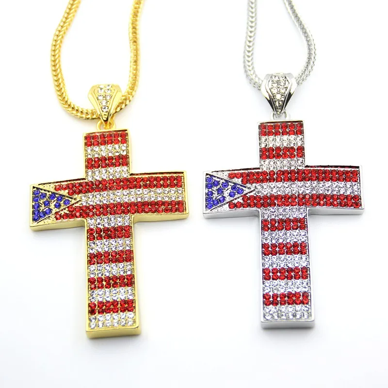 New Crystal Puerto Rico Flag Cross Pendant Hip Hop Necklace