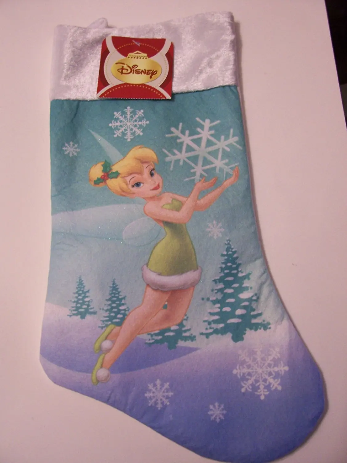 Disney Fairies Tinkerbell 15" Felt Stocking with White Velvety Cuff ~ Tink Among the Snowflakes