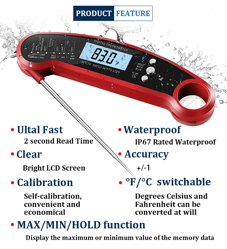 Fast Instant Read Meat Thermometer, Waterproof Digital Food Thermometer  with Backlight, Calibration, and Folding Probe, BBQ Thermometer - China Meat  Thermometer and Thermometer Fork price