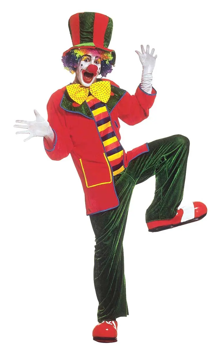 Сидящий клоун. Клоун. Костюм клоуна. Клоун в полный рост. Зеленый клоун.