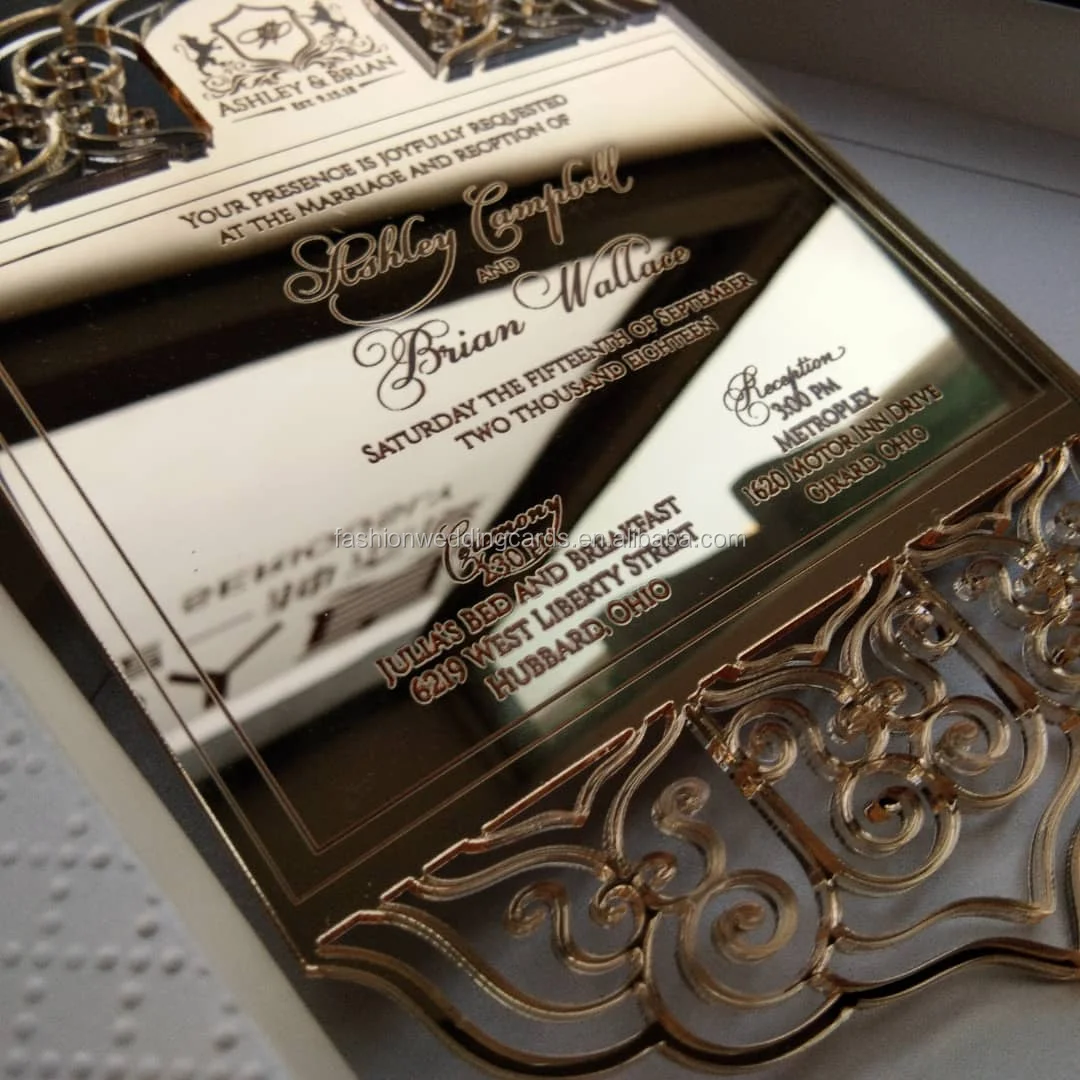 Elegant Laser Cut Engraved Gold Mirror Acrylic Wedding Invitations With