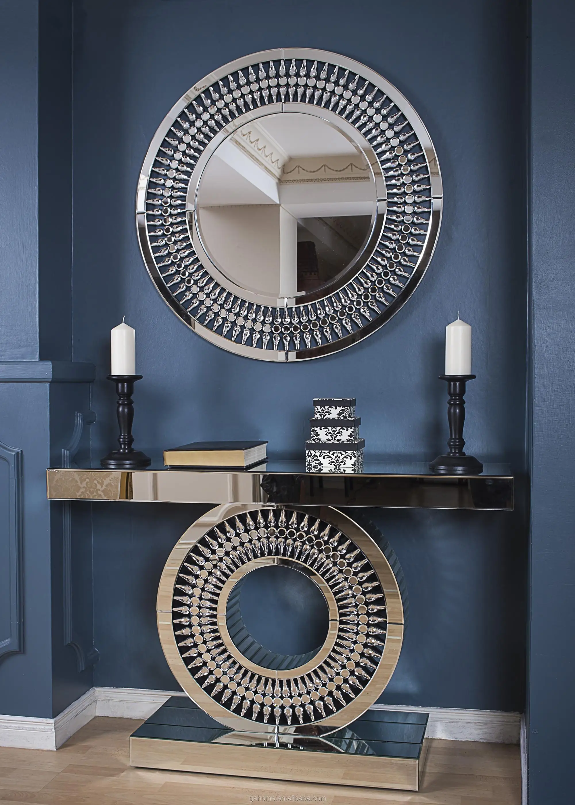 Luxury Modern Home Hotel Round Wall Crystal Mirror With Console Table