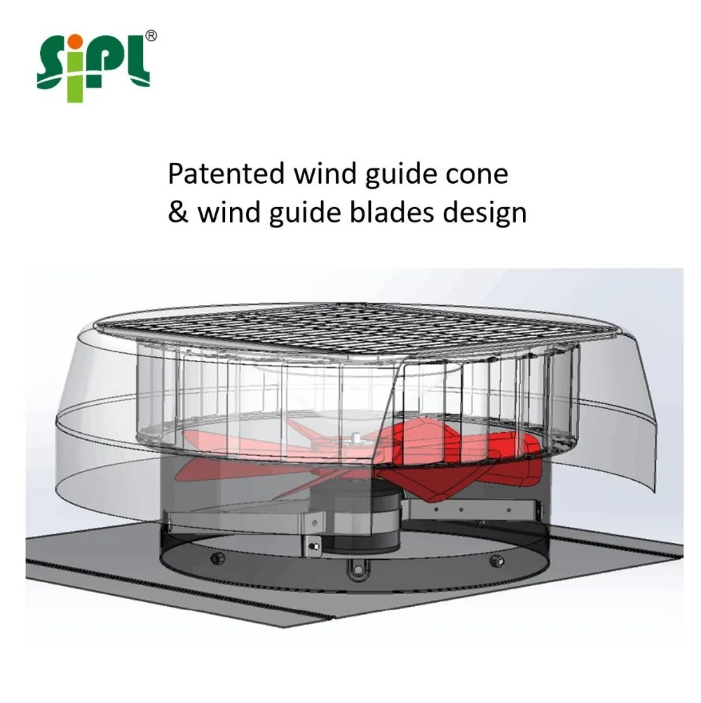 Diagram drawing of solar fan with words "Patented wind guide cone and wind guide blades design"