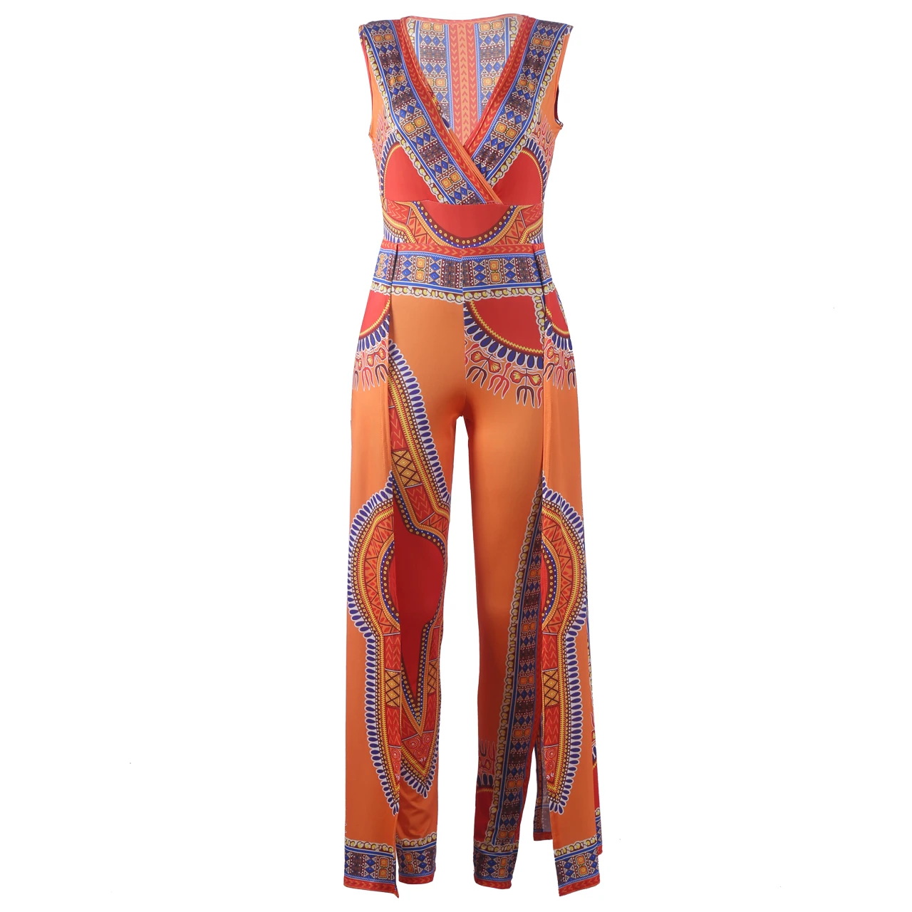 African women's sleeveless printed orange ethnic style jumpsuits