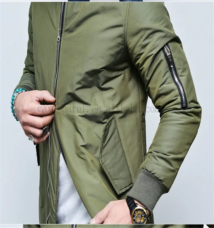 2015 Custom Men Nylon Long Extended Jackets Army Green Bomber Jacket In