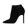Women Lace Up Stiletto Heel Ladies Spring Autumn Shoes Large Size Black Faux Suede High Heel Booties Pointed Toe Ankle Boots