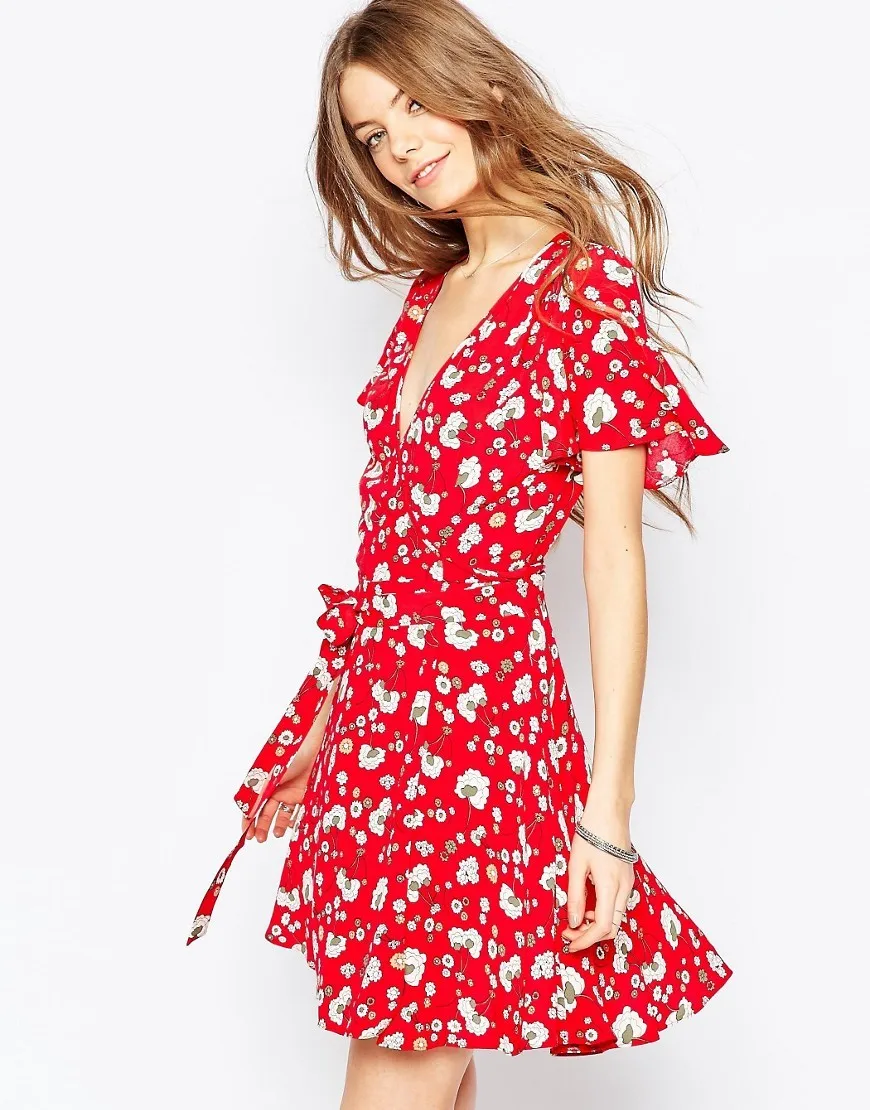 2016 Women Short Sleeve Deep V Neck Red Floral Print Wrap Front Dress ...