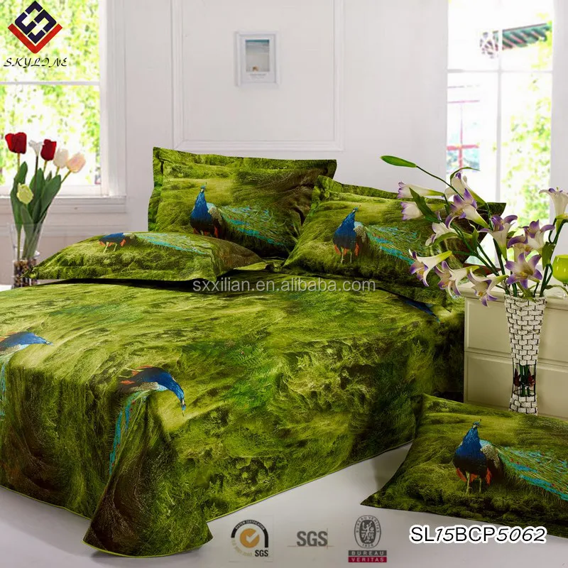 vivid green peacock printed 3d panel comforter set bedsheet bed