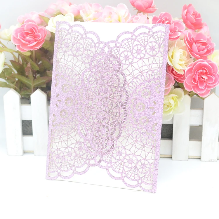 Exquisite glitter paper laser cut lilac wedding invitations