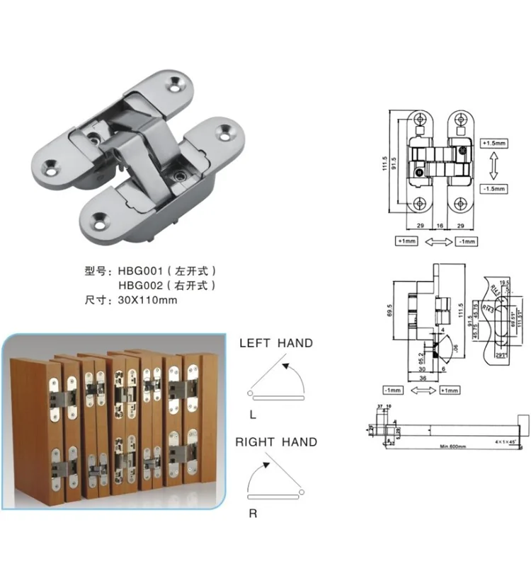 30*110mm Stainless Steel Concealed Hinge 3d Adjustable Hinge For Wooden