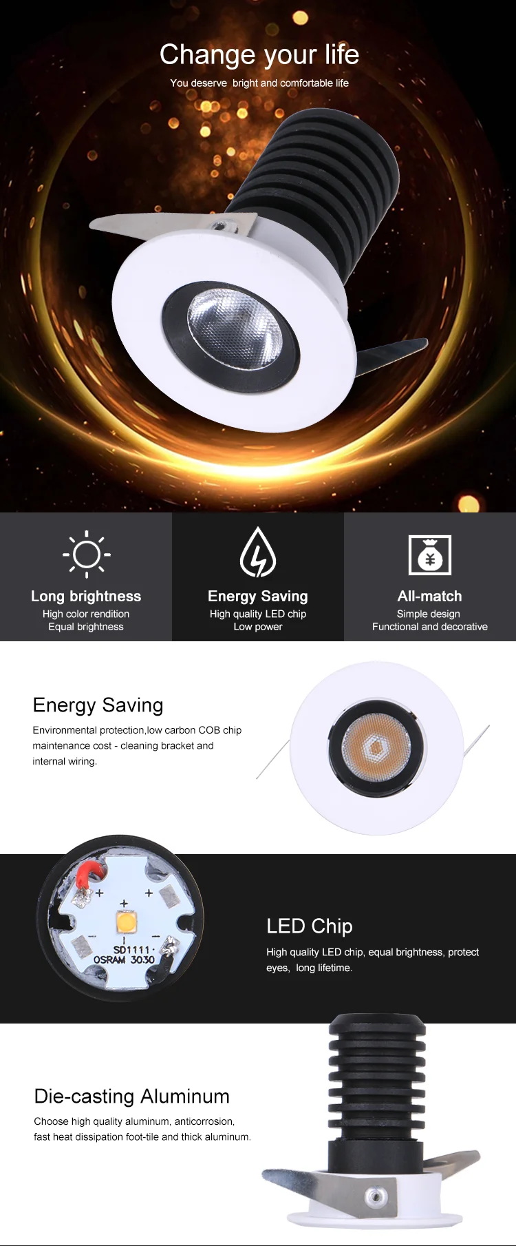 220v round led down light 3W smd OEM ODM ceiling downlgiht