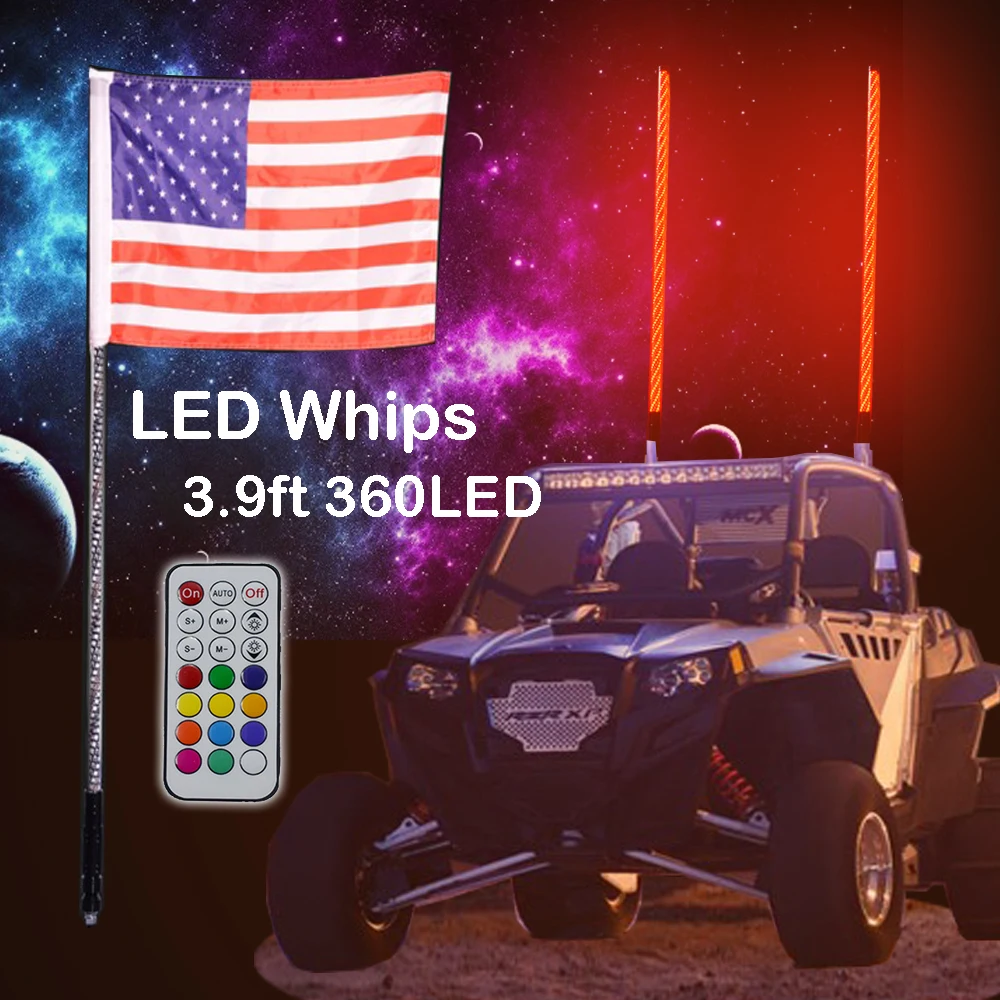 2pc LED Whip Lights w/ Flag 21 Modes 20 Colors Wireless Remote Weatherproof Lighted Antenna Whips - Accessories for ATV