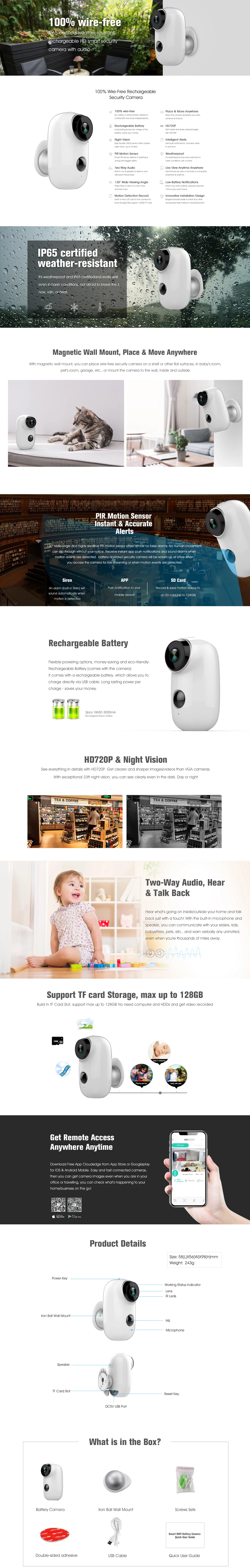 Waterproof IP65 Outdoor Wifi Smart Mini IP Camera for Security (V6)