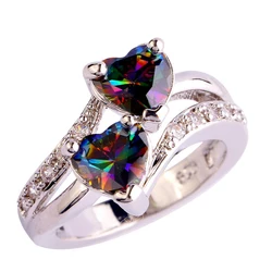 SJAE053 SJ New Model Wedding Ring Brass 18K White Gold Plated Double Heart Shaped Rainbow Stone Fashion Ladies Finger Ring