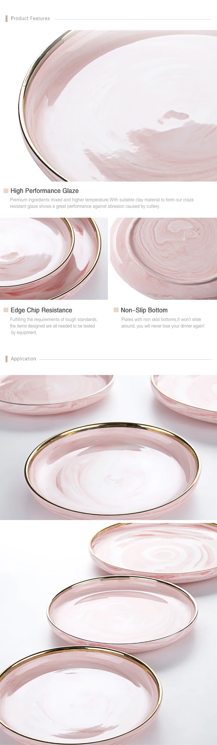 Luxury Hotel Supplies China Tableware, Hotel Restaurant Catering Porcelain Dinnerware Golden Plate Wedding Pink Marble Plate%