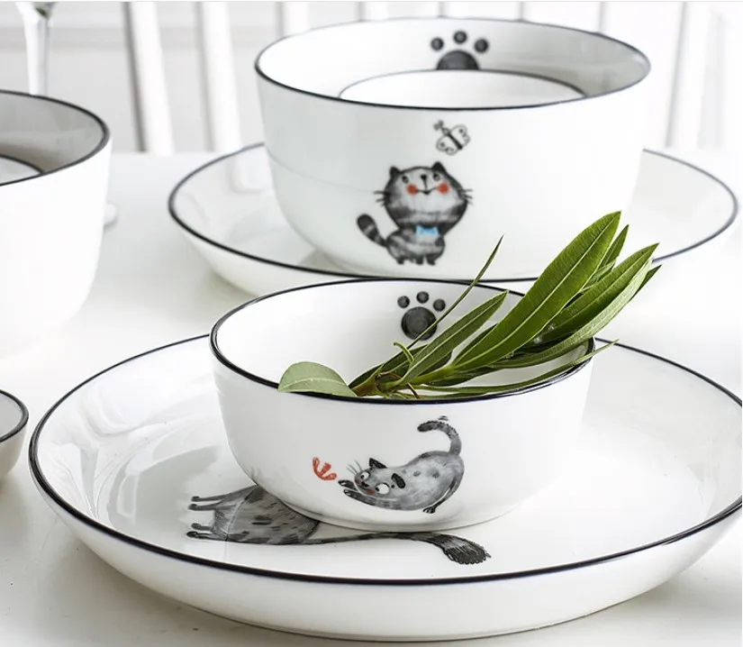 Cute White Ceramic Tableware Decal Cat Design Dinnerware Set For Kids Buy Cat Dinnerware Set