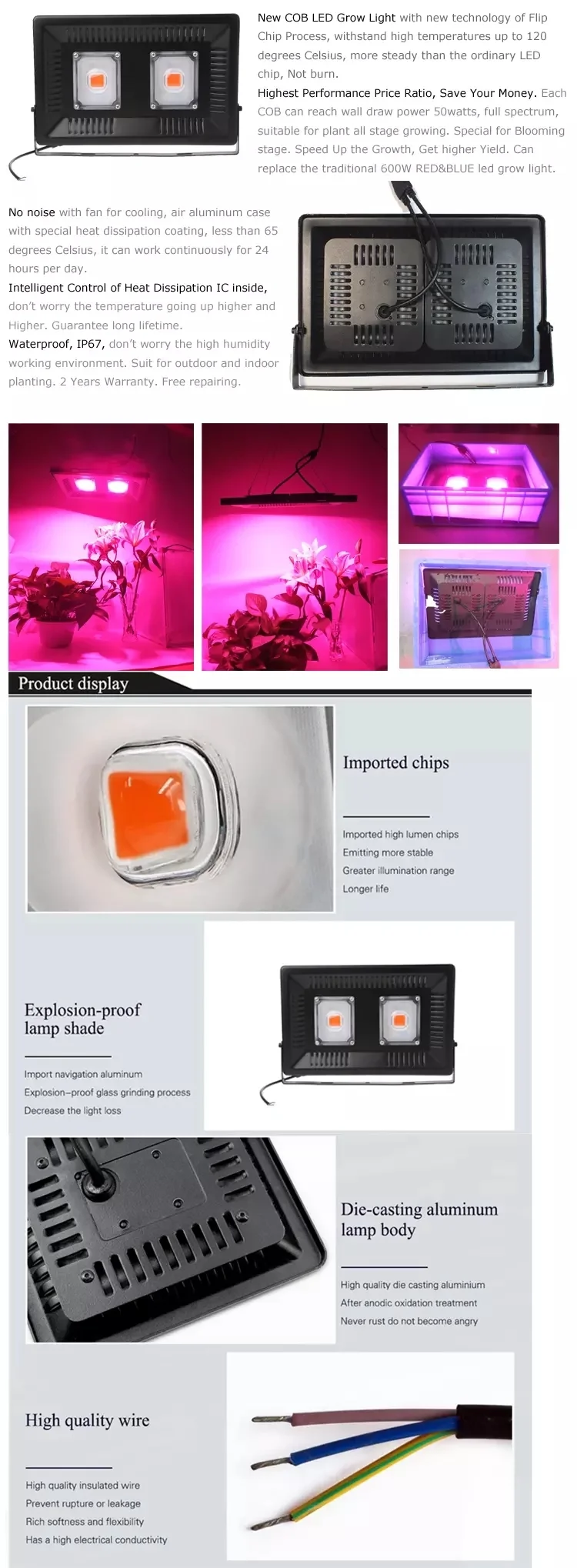 Waterproof 150W Full Spectrum LED Grow Lights for Indoor Plants COB grow Light 