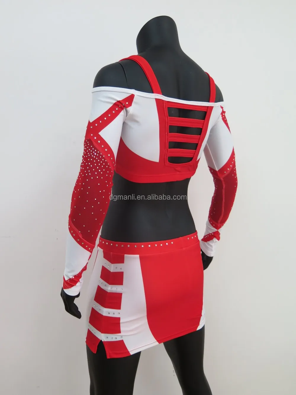 Red Color Mesh Fabric Clear Crystal Strips Design Crop Top Cheerleading