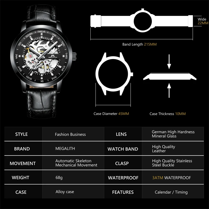 MEGALITH  mens watches black band no battery mechanical movement wristwatches montre homme water resistant silver