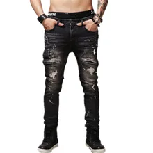 High Quality Mens Ripped Biker Jeans 100% Cotton Black Slim Fit Motorcycle Jeans Men Vintage Distressed Denim Jeans Pants Q1566