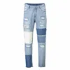 Man straight patch Damaged rip skinny men in tight jeans stretch europe pant denim jeans
