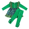 Hot Sale Children Set Four Leaf Clover Printed Ruffle Long Sleeve Top&Matching Green Legging Patrick's Day Girls Outfit