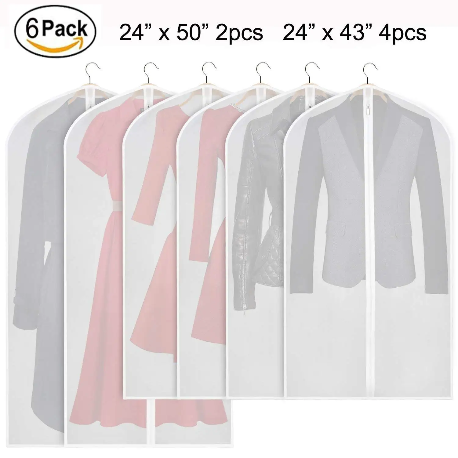 Garment Bag Lightweight Suit Bags Moth-proof (Set of 6) with Study Full Zipper for Closet Storage and Travel, Clear White