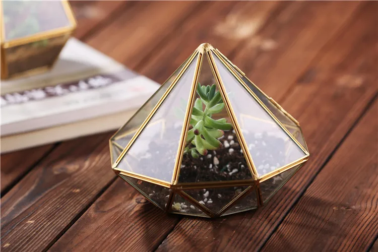 MyGift Diamond Shape Glass Prism Terrarium with Brass Rim/Air Plant Display Case/Tea Light Candle Holder 