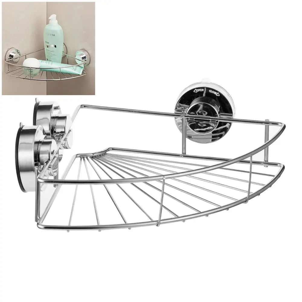 Vacuum Suction Bath Corner Shower Caddy Stainless Steel Bathroom Shower Shelf Basket Wall Corner Organizer Storage
