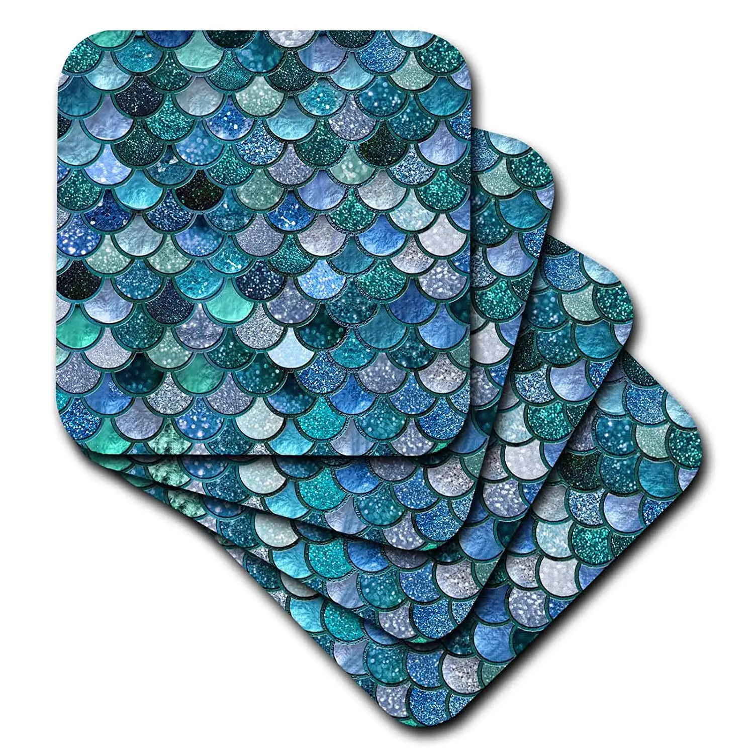 3dRose Multicolor Girly Trend Blue Luxury Elegant Mermaid Scales Glitter Soft Coasters