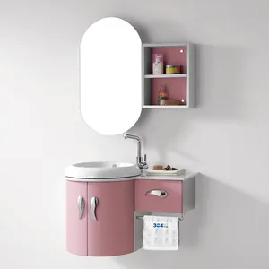 Bonnytm A 3709 Romantic Pink Bathroom Vanity Cabinet Bathroom Space Saver Bathroom Storage Mirror Cabinet